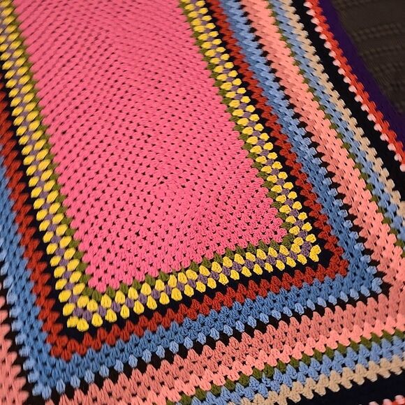VTG Crochet Colorful Afghan Blanket 79x49in Pink Bed Throw Shell Stitch Handmade - Picture 7 of 10